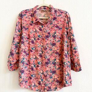 ModCloth 1X Pink Floral Button Down 3/4 Sleeve Blouse Top Spring Cottagecore